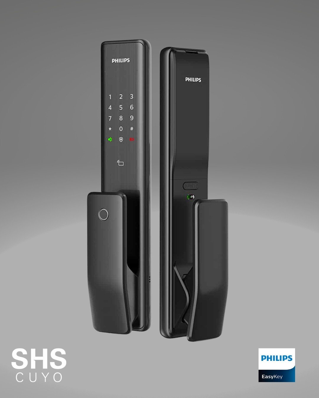 Cerradura digital Philips Alpha 5HB con apertura automática push & pull, vista exterior e interior