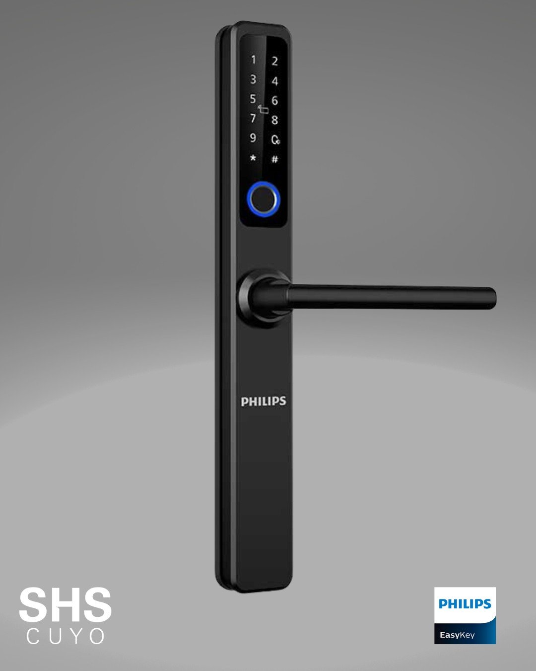 Cerradura digital Philips DDL608 de perfil angosto con manija de tubo, vista exterior e interior