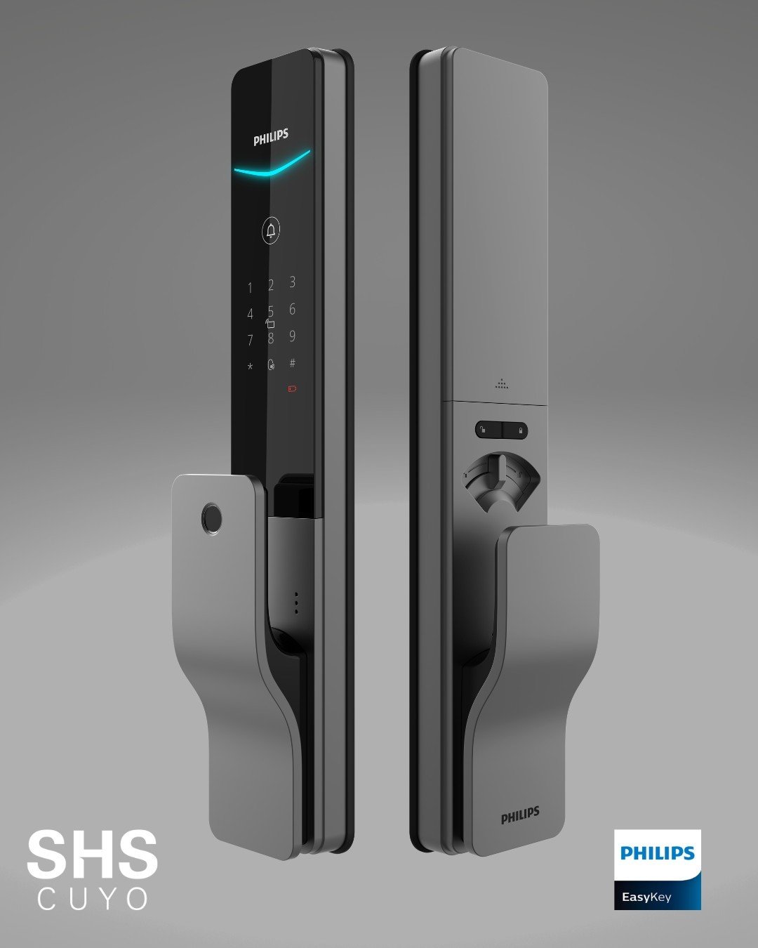 Cerradura digital Philips DDL801-5HBS con manija push & pull, vista exterior e interior