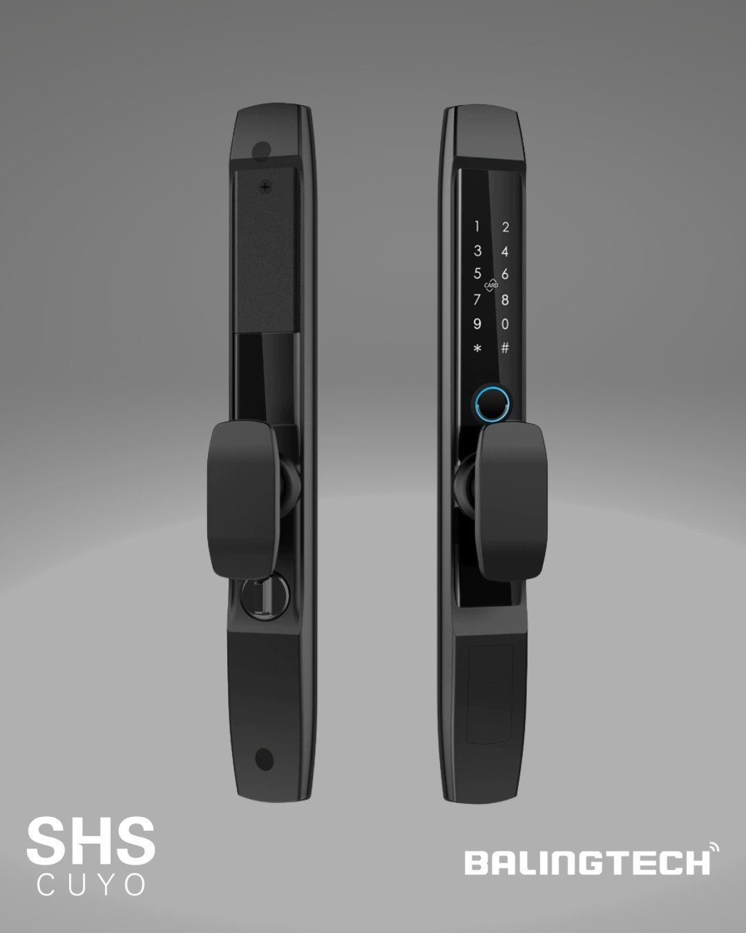 Cerradura digital Keyplus T8 negra con huella, vista frontal y trasera
